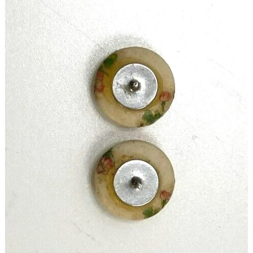 Vintage Round Earring Hand painted‎ Wood Glazed Clover Flower .5 inch
